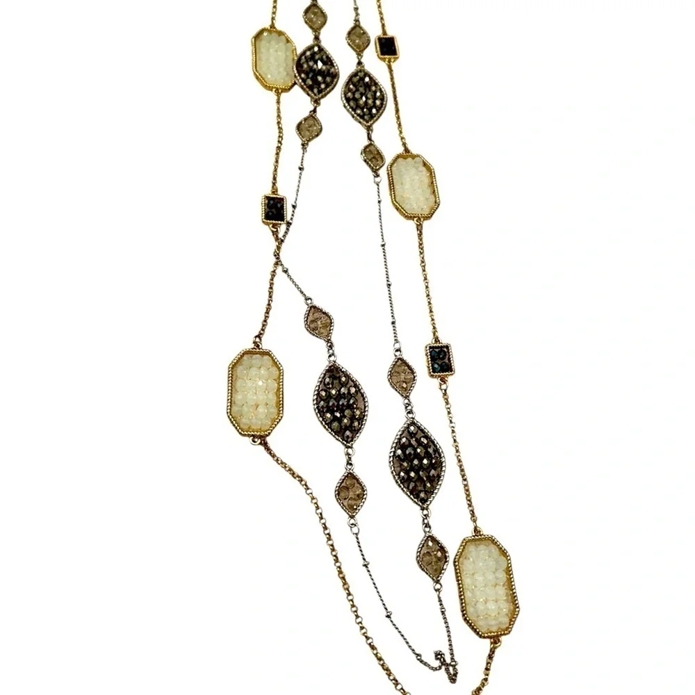 Pair of Boutique gold/silver tone delicate long necklaces faceted beads gunmetal